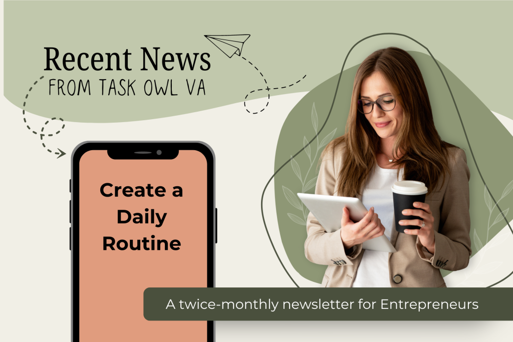 Business Woman holding coffee and reading a tablet. Recent News from Task Owl VA. Create a Daily Routine.